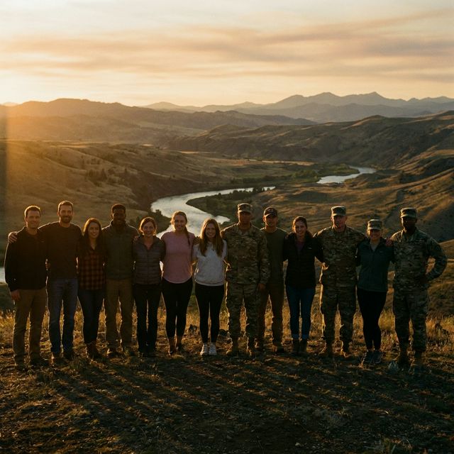 Veterans standing together in solidarity at sunset