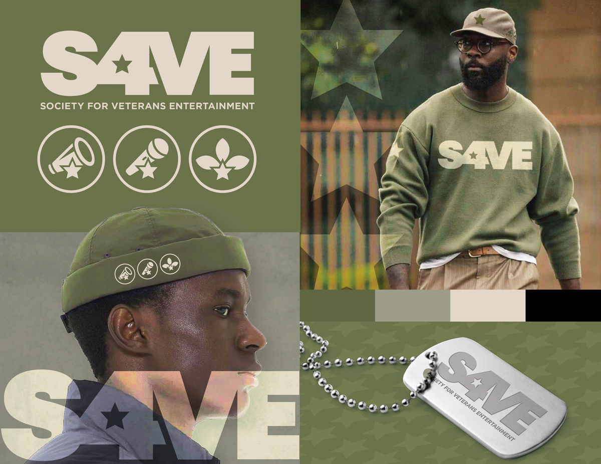 S4VE merchandise collection — crewneck, docker cap, and dog tag